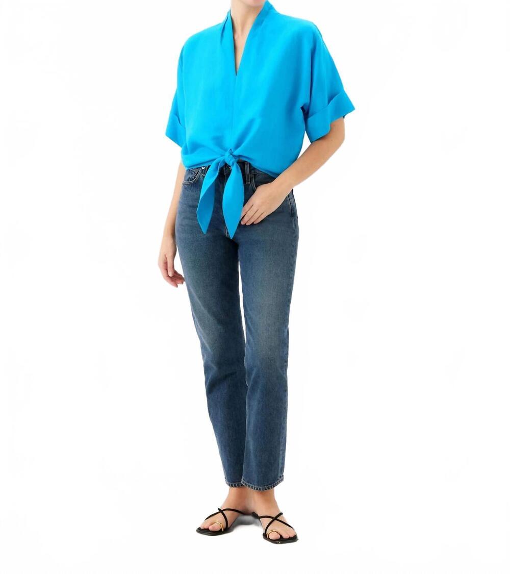 NEW FIFTEEN TWENTY women's janice cuffed sleeve tie-front top in turquoise